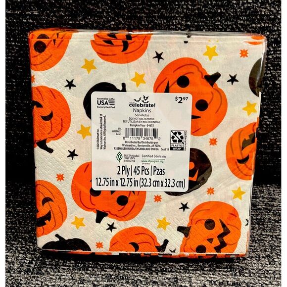 45‎ Pc Halloween Party Holiday Jack O Lantern Paper Napkins 2 Ply 6.5"x6.5" NEW! - Picture 2 of 3